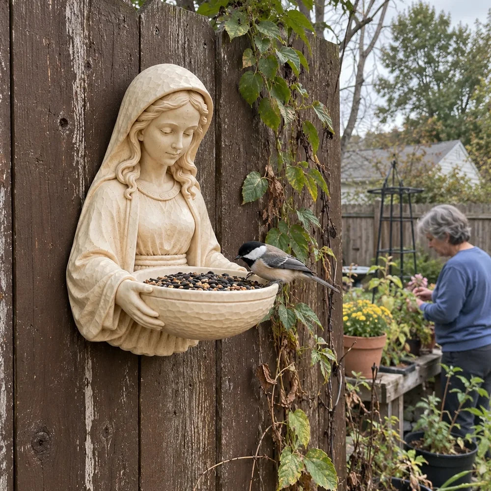 Mary-inspired feeder on wooden fence while a woman tends to flowers nearby