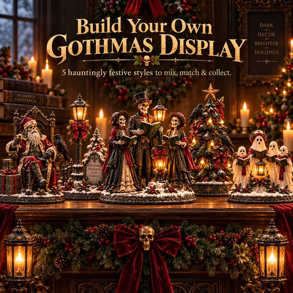 Five gothic Christmas figurine display styles