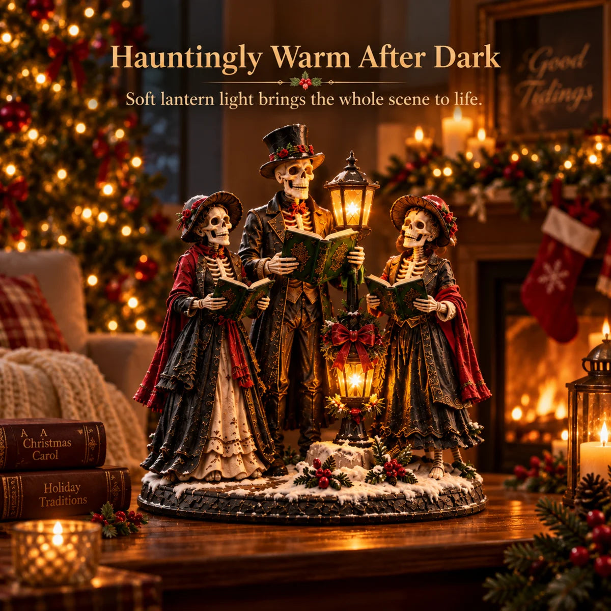 Gothic Christmas figurines glowing warmly at night