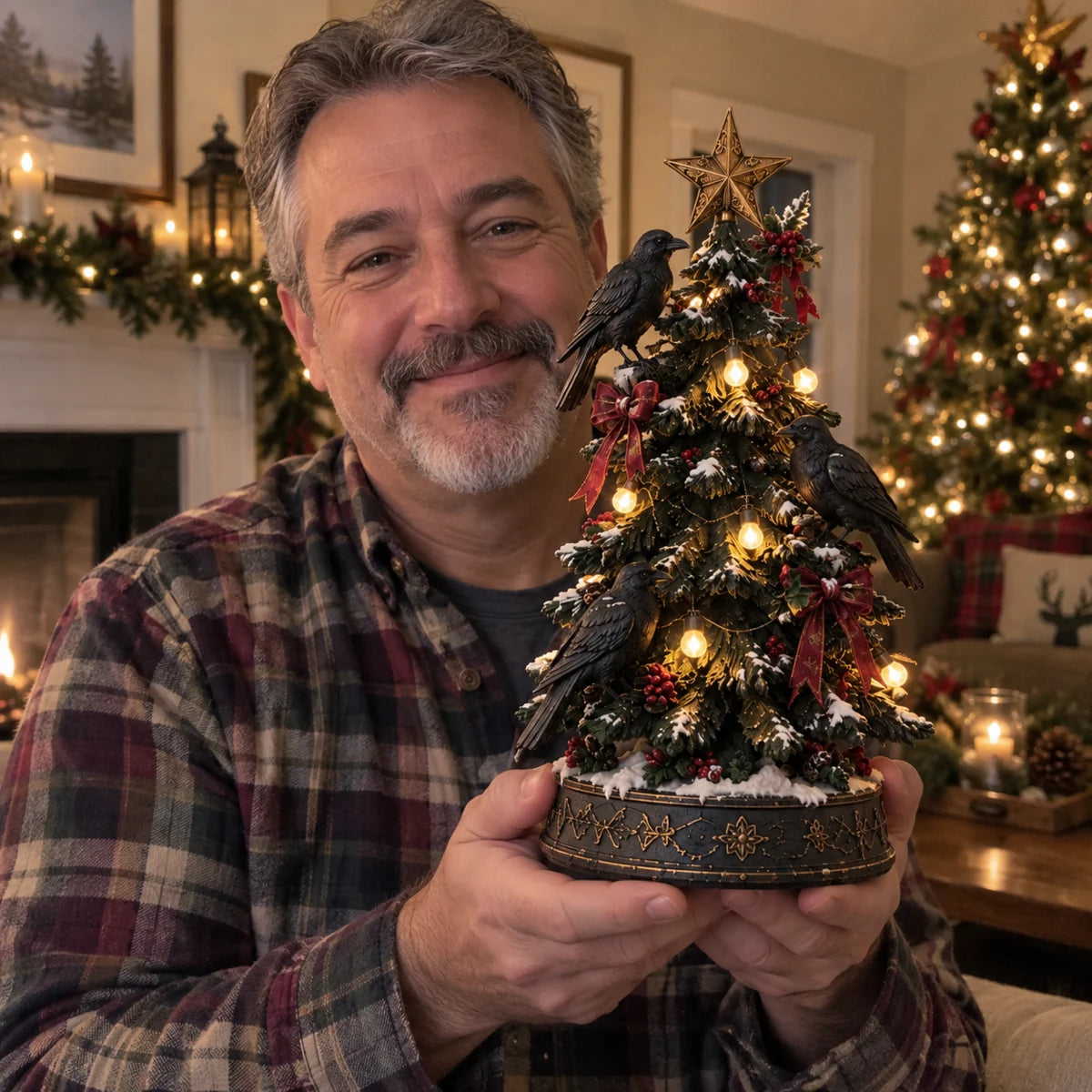 Raven Christmas Tree figurine in home setting