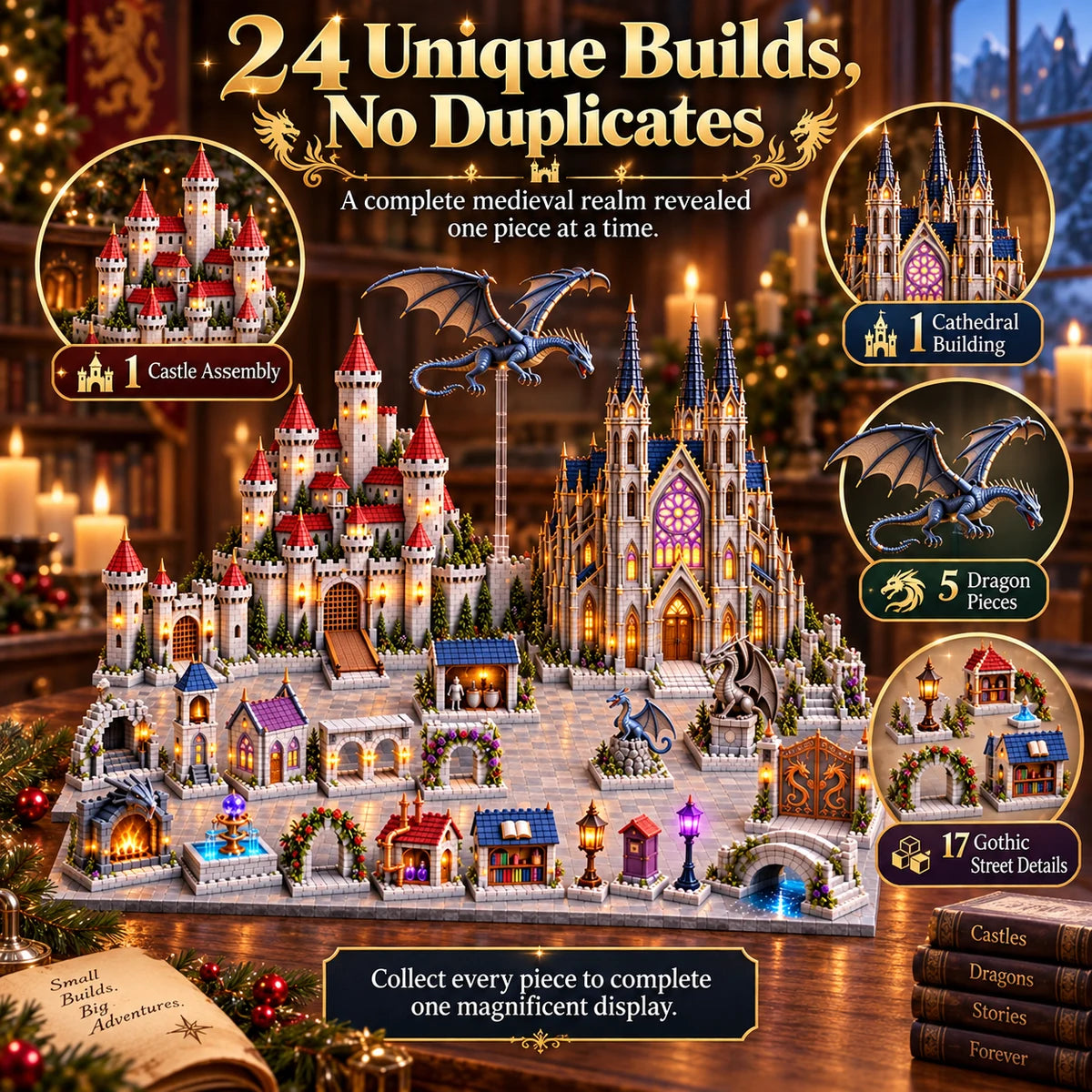Twenty-four unique medieval builds including castle, cathedral, dragon, and street details