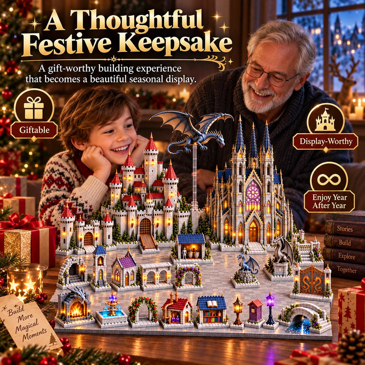 Medieval magic advent calendar displayed as a festive keepsake with child and grandfather