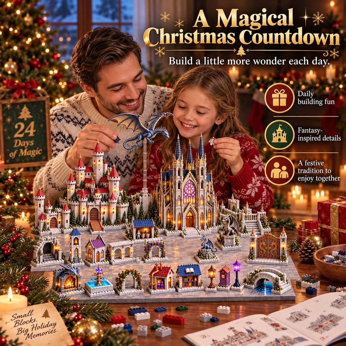 24-day medieval magic advent calendar with castle, cathedral, dragon, and miniature buildings