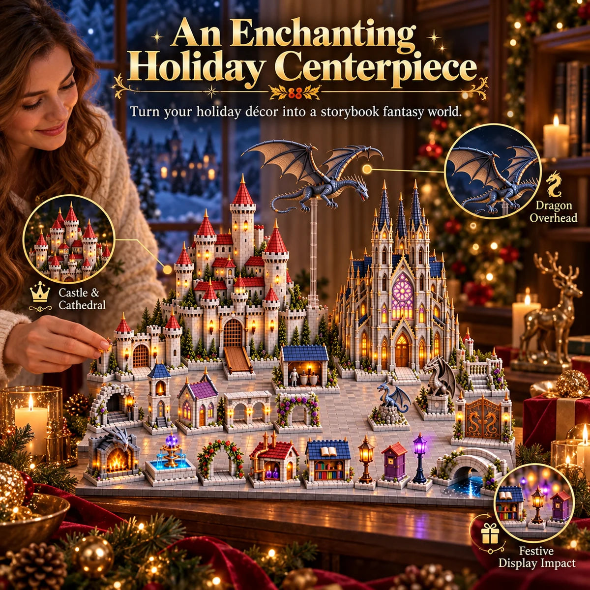 Completed medieval fantasy advent calendar displayed as a Christmas centerpiece