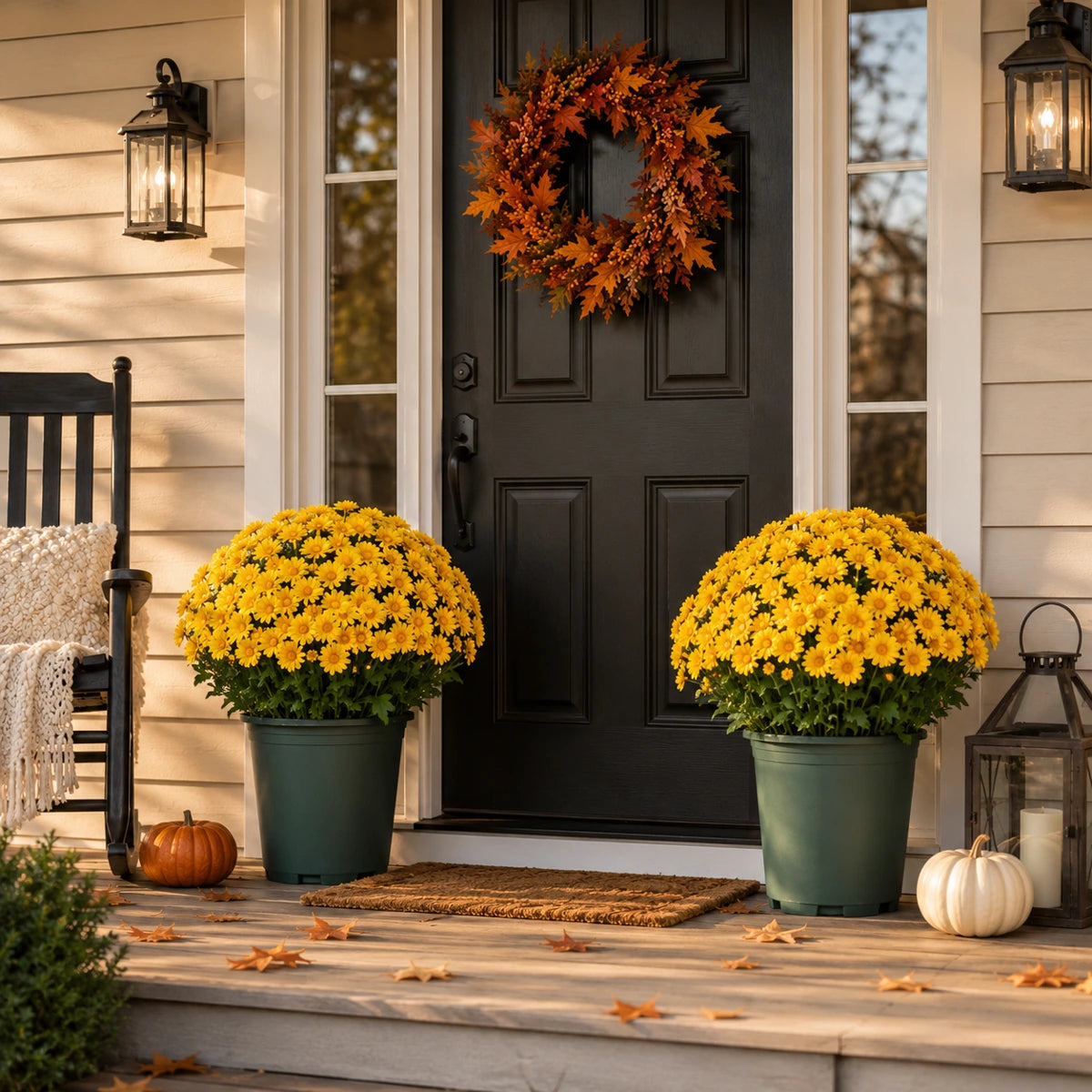 Gold artificial mum flower bushes pair