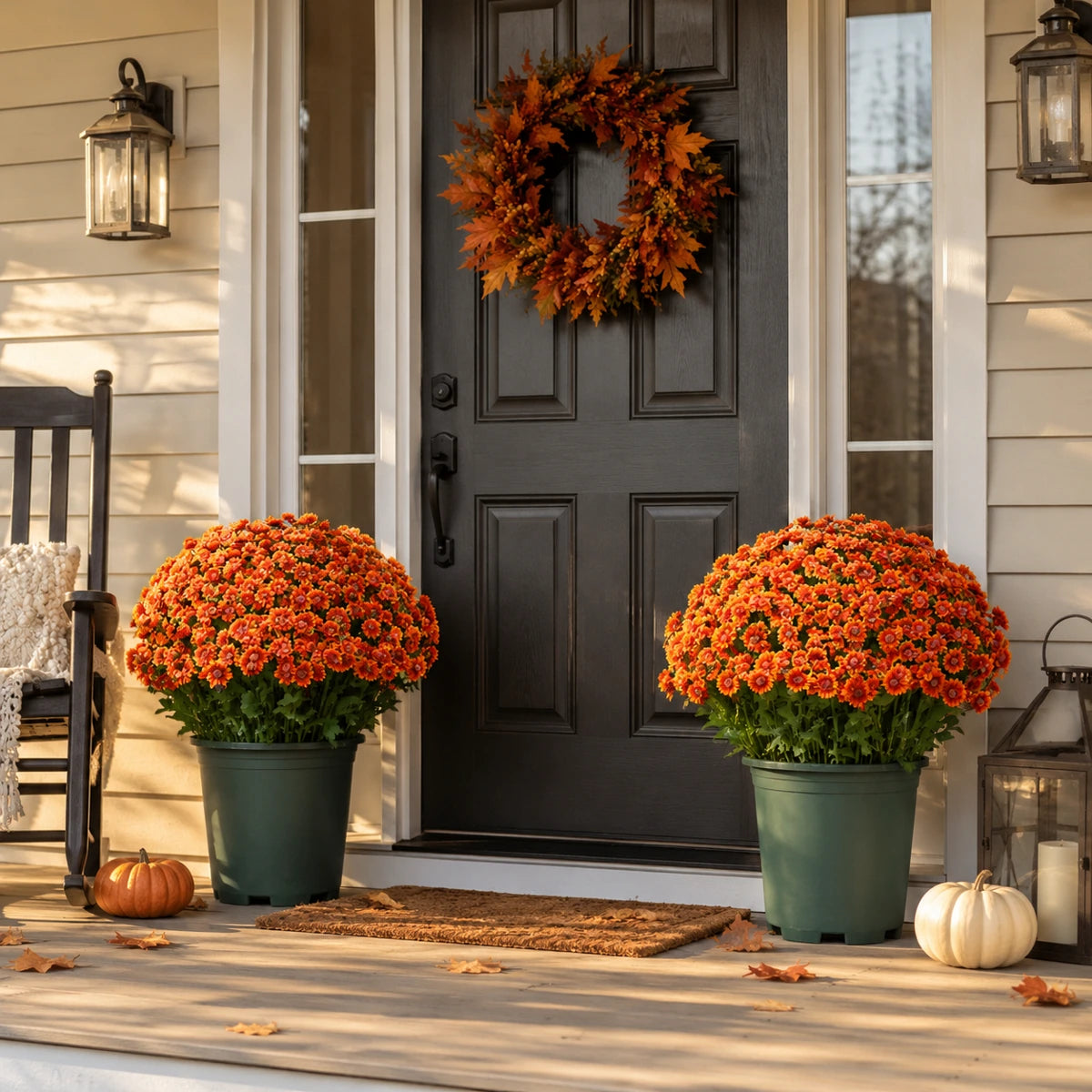 Orange artificial mum flower bushes on the front porch