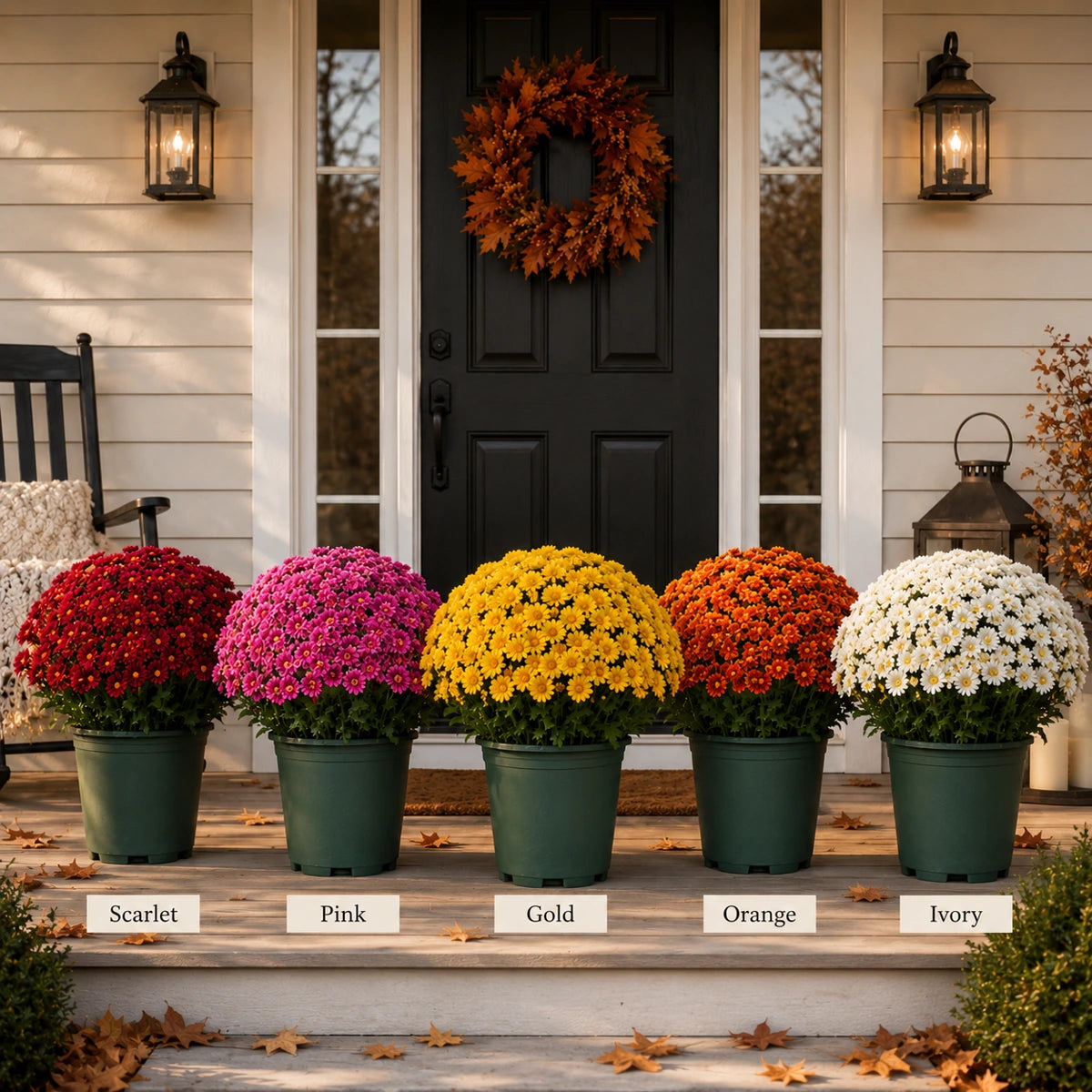 Artificial mum flower bushes available in scarlet pink gold orange and ivory