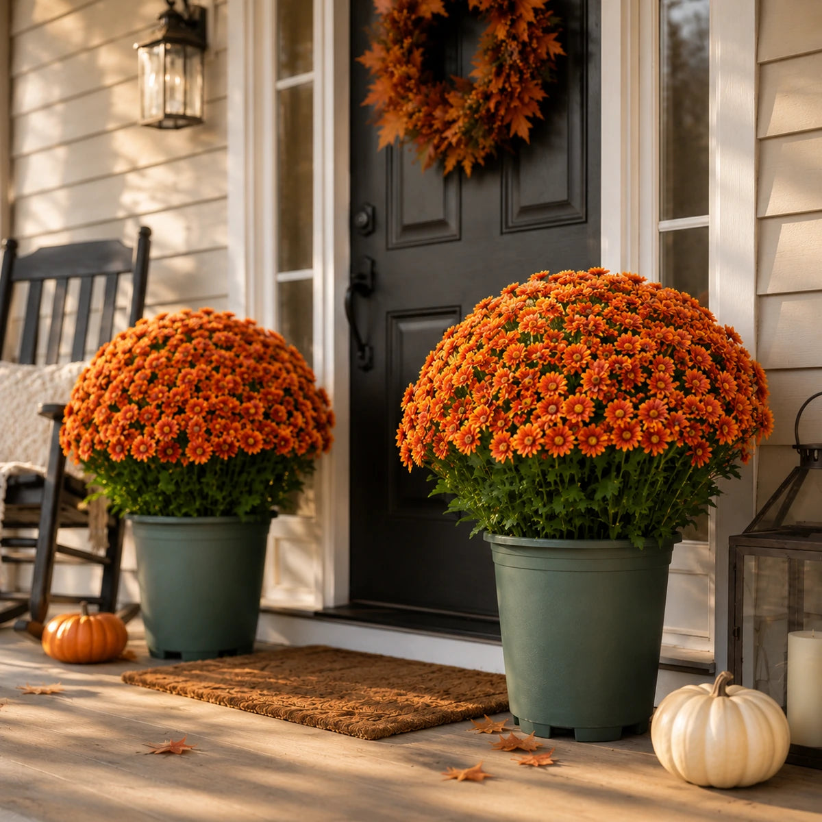 Orange artificial mum flower bushes closeup