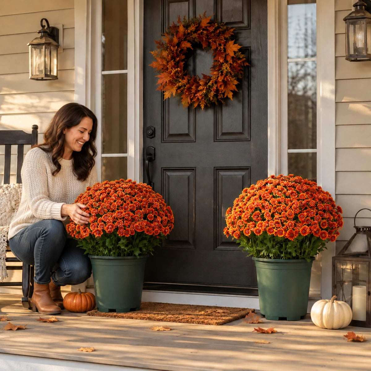 Woman styling orange artificial mum flower bushes