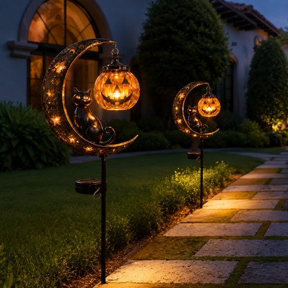 ☀️Solar Halloween Black Cat & 🎃Pumpkin Moon Garden Stake Light