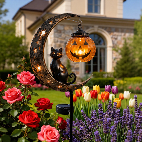 ☀️Solar Halloween Black Cat & 🎃Pumpkin Moon Garden Stake Light
