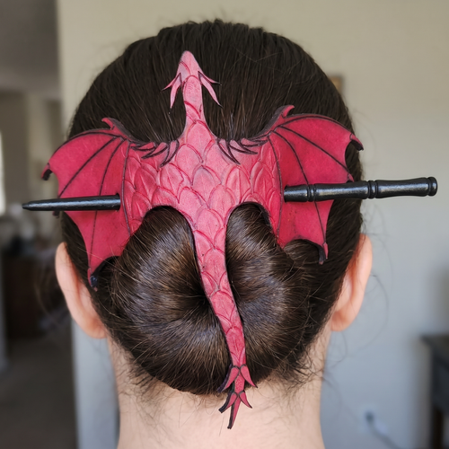 🐉⚔️ Handcrafted Dragon Leather Hair Slide with Wood Stick