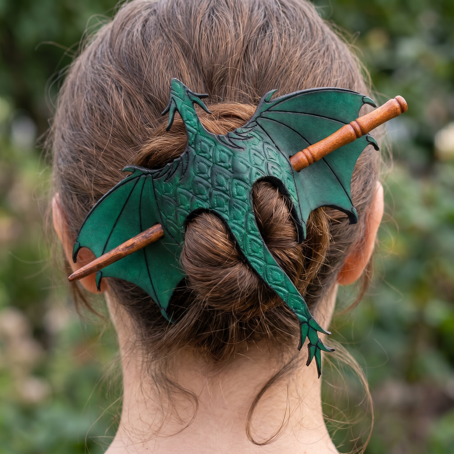 🐉⚔️ Handcrafted Dragon Leather Hair Slide with Wood Stick