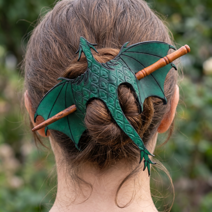 🐉⚔️ Handcrafted Dragon Leather Hair Slide with Wood Stick