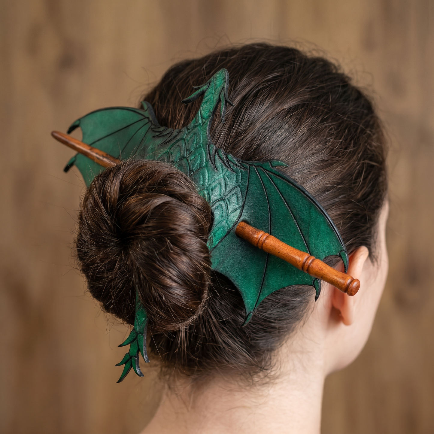 🐉⚔️ Handcrafted Dragon Leather Hair Slide with Wood Stick