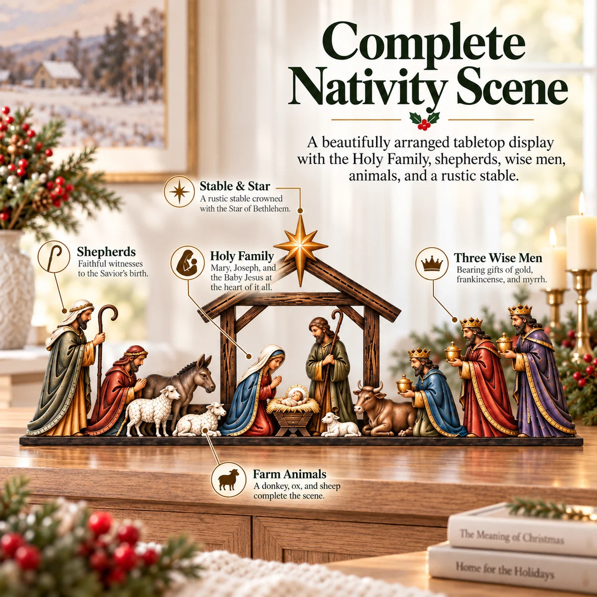Full nativity scene with labeled details