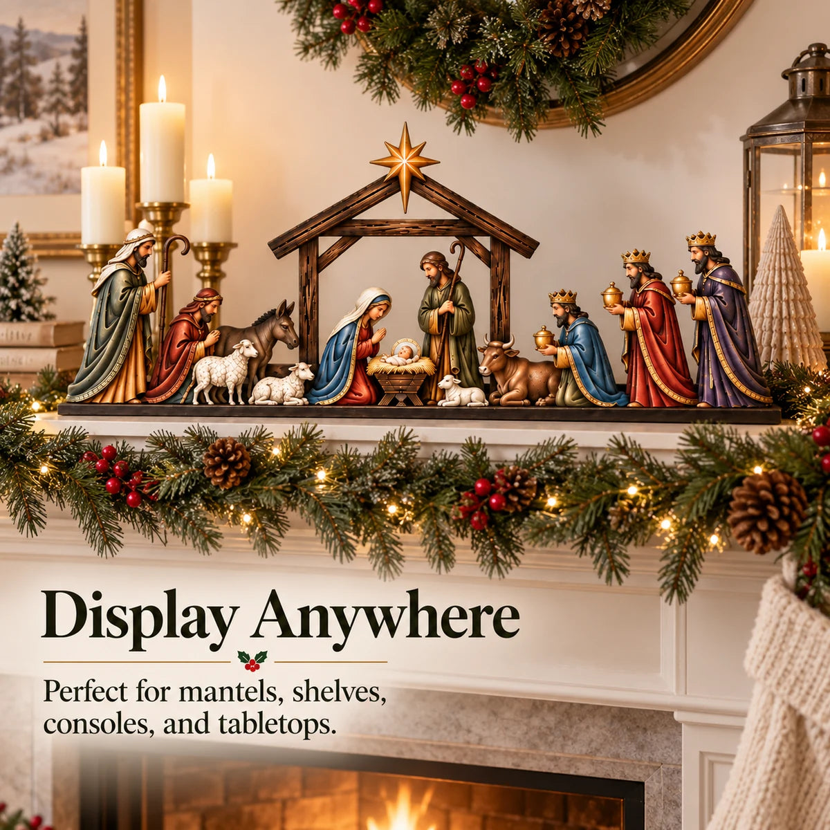 Nativity scene styled on a mantel with Christmas greenery