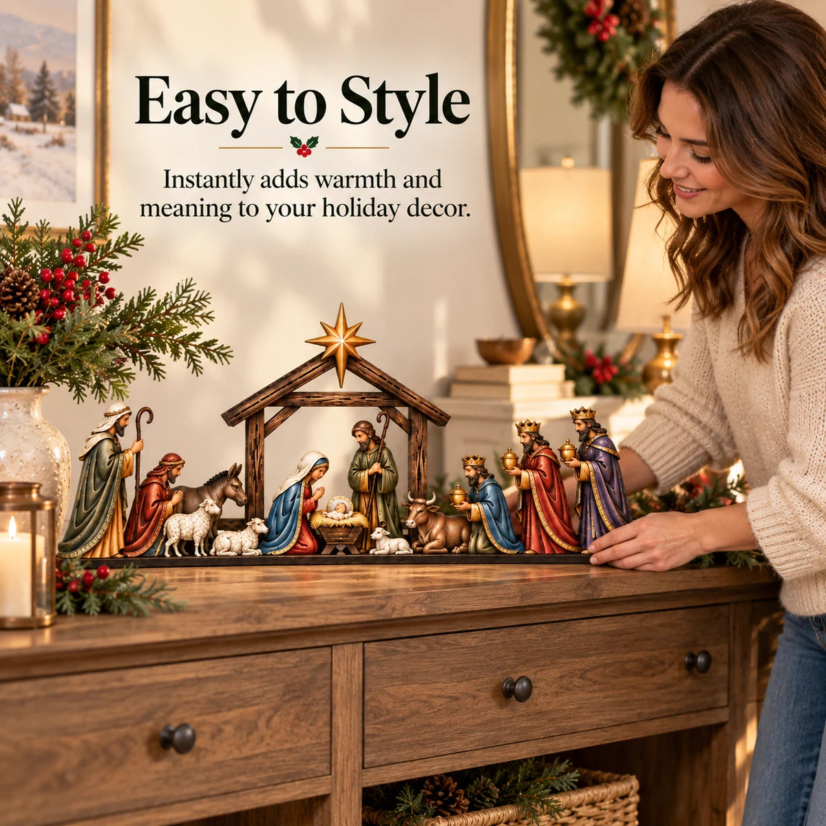 Woman styling the nativity scene on a console table