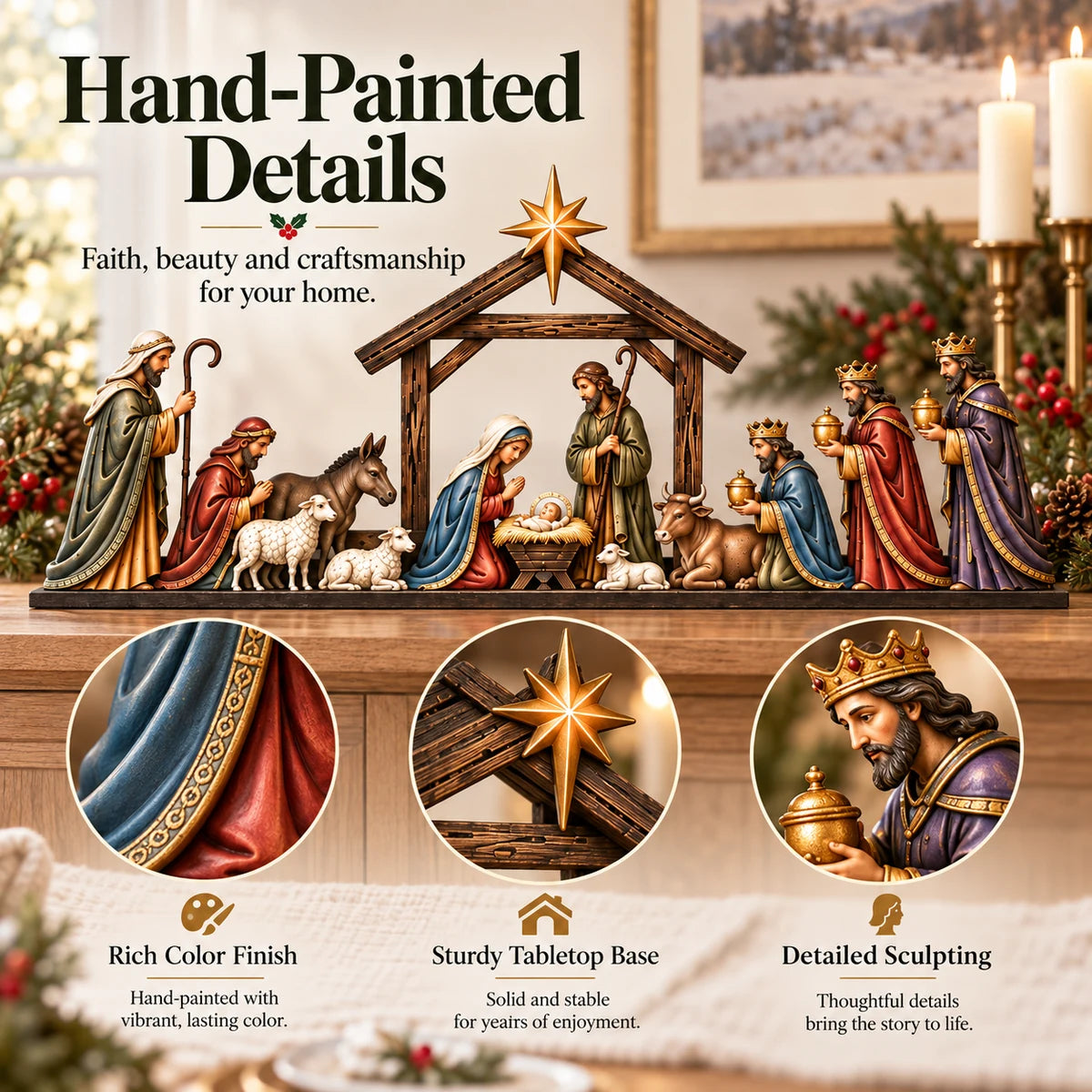 Close-up collage showing hand-painted details of the nativity scene