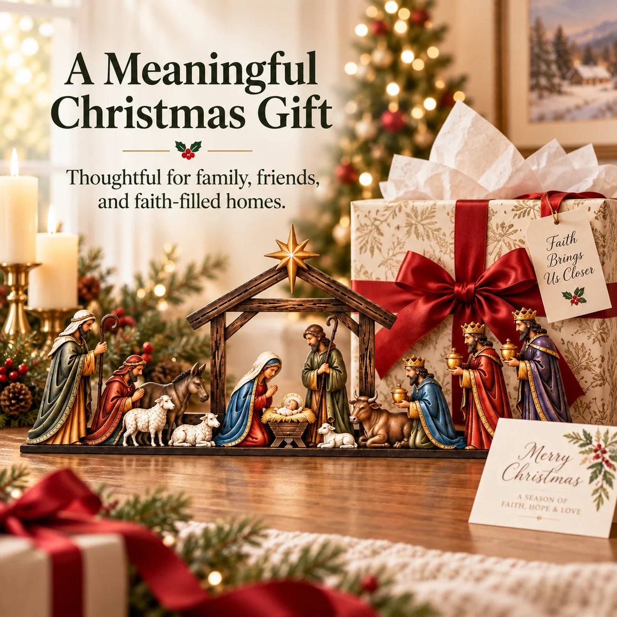 Nativity scene displayed beside wrapped Christmas gifts