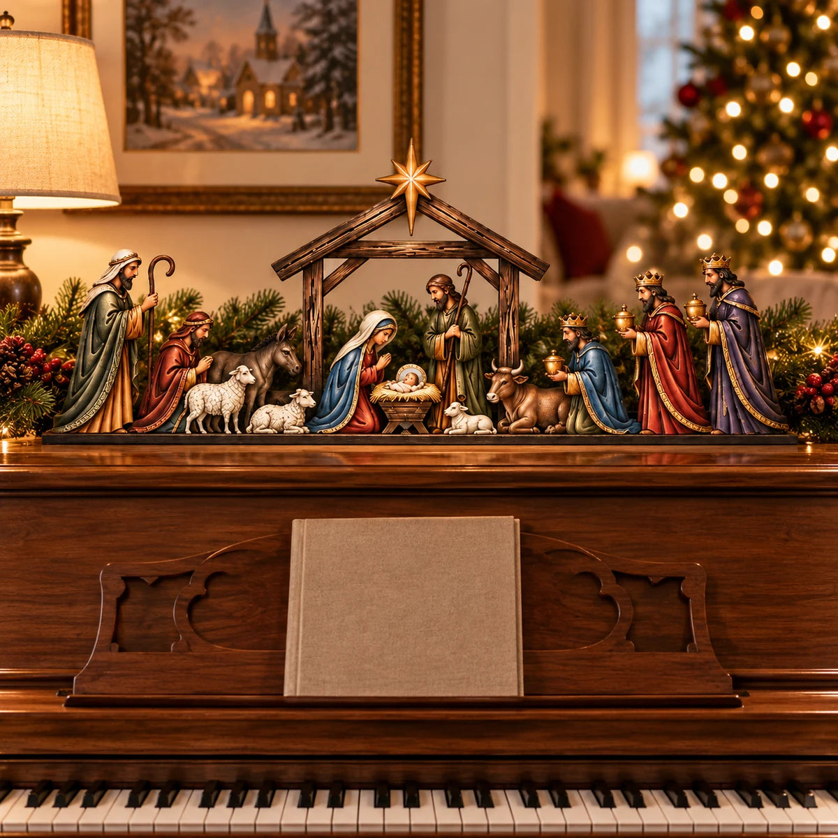 Nativity scene displayed on a piano in a cozy holiday home