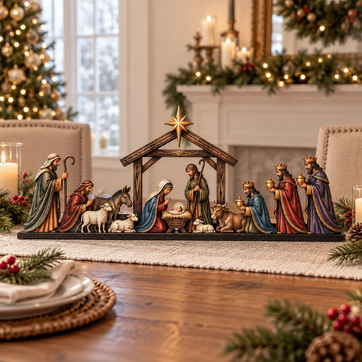 Nativity scene displayed on a holiday dining table