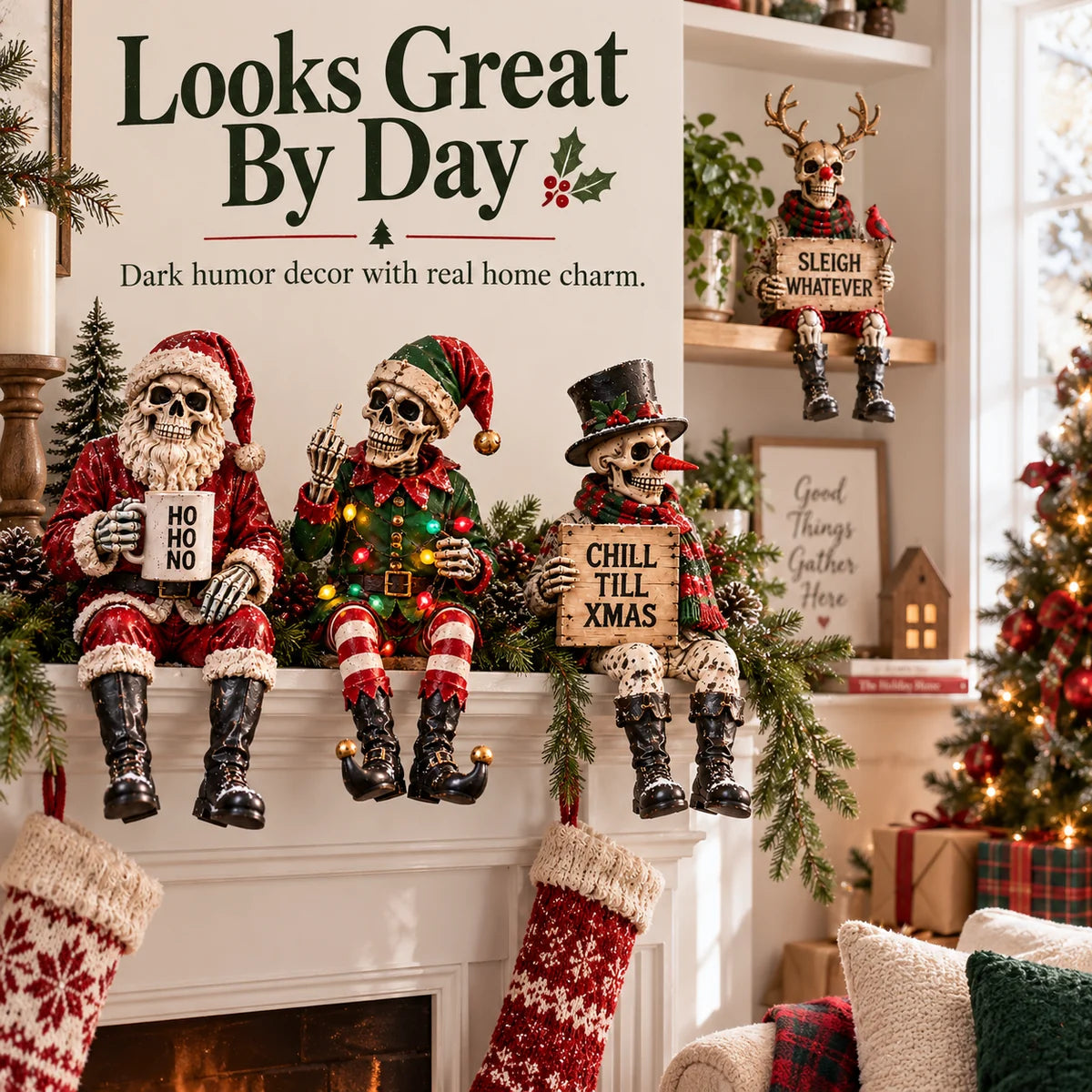 Skeleton shelf sitters styled in a bright living room
