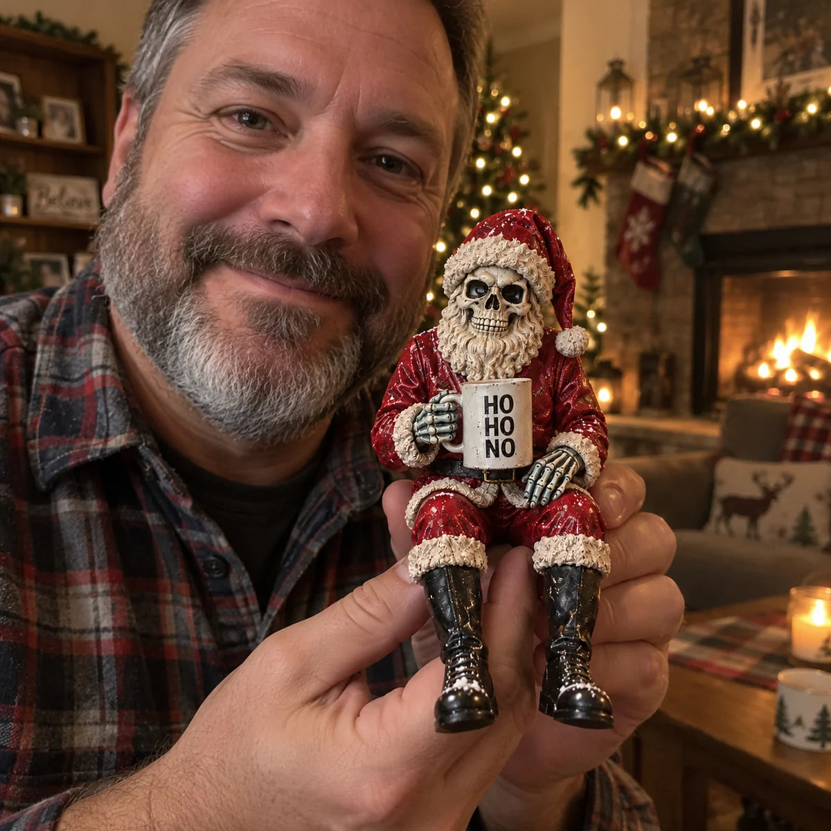 Customer holding Ho Ho No Santa figurine