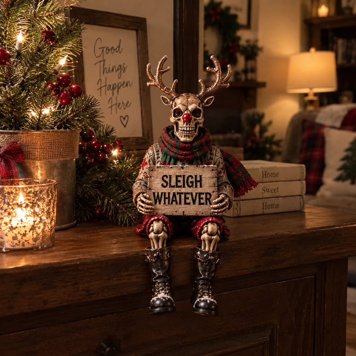 Sleigh Whatever Reindeer figurine styled on a table
