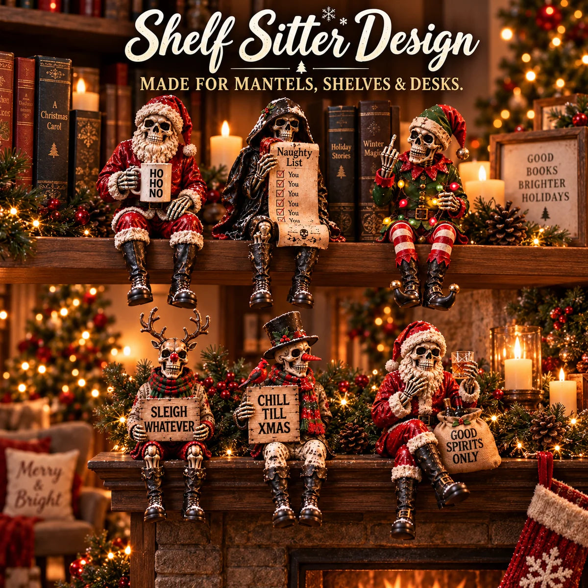 Shelf sitter design displayed on a mantel and shelf