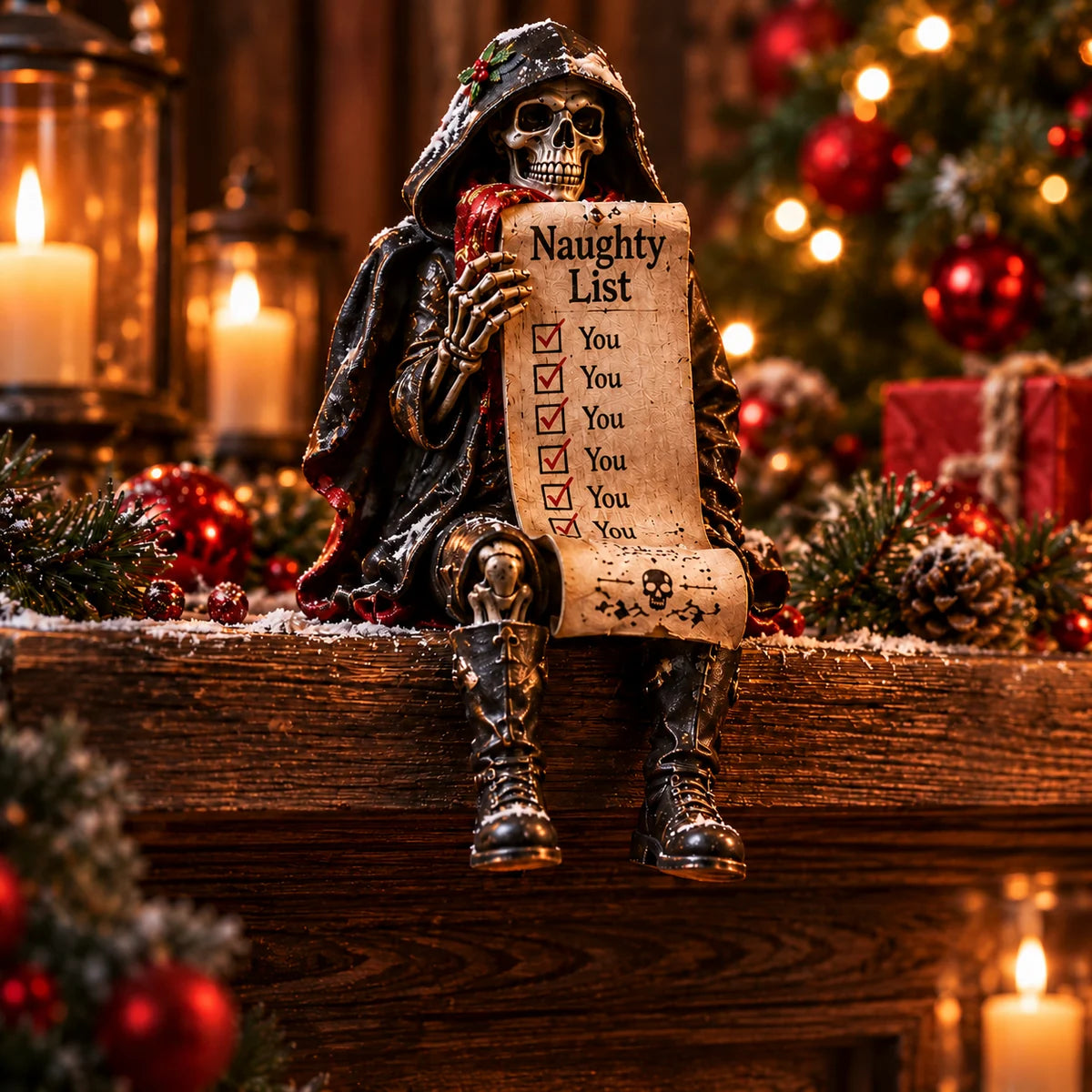 Naughty List Reaper skeleton shelf sitter