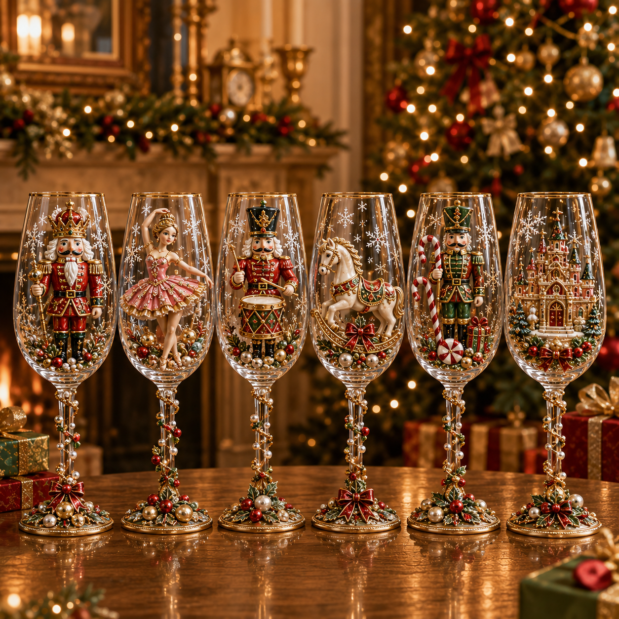 Six Christmas 3D collector champagne glasses
