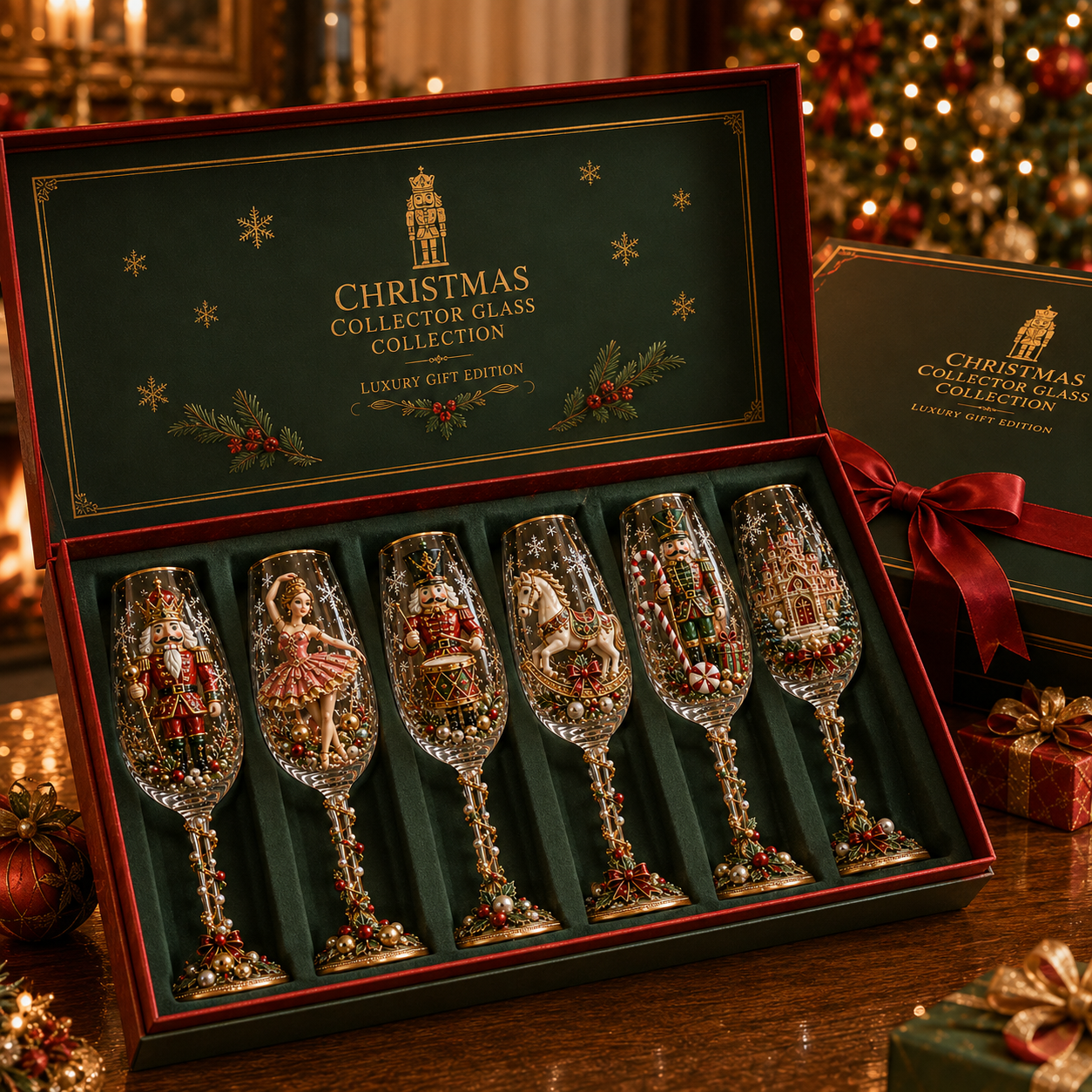 Complete six piece Christmas champagne glass collection
