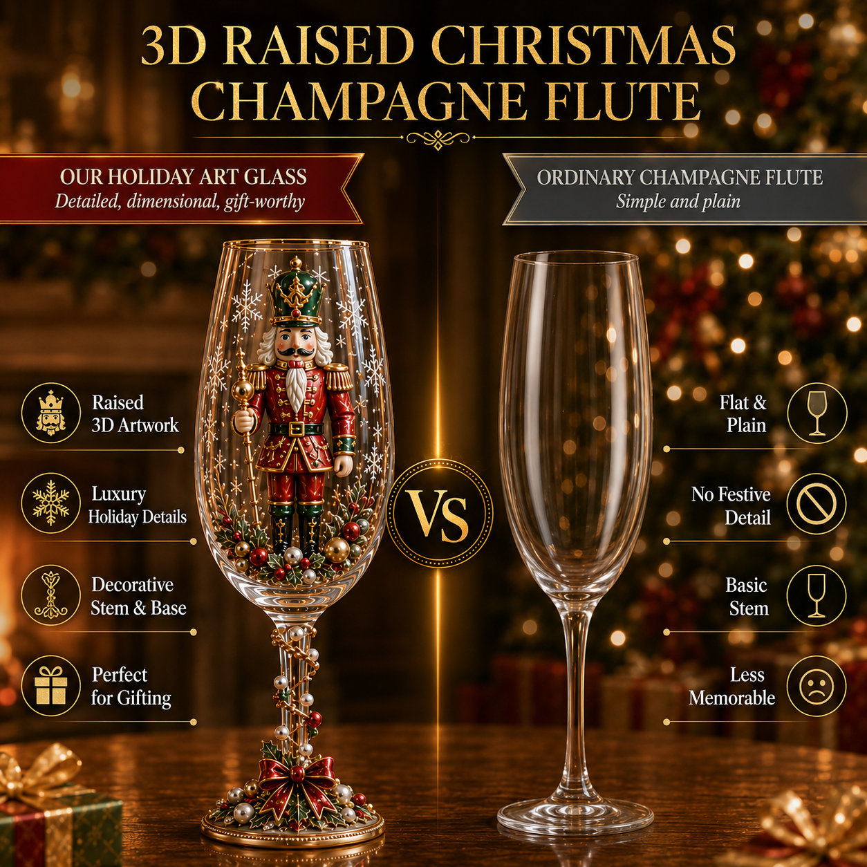 3D Christmas collector champagne glass compared with an ordinary champagne flute