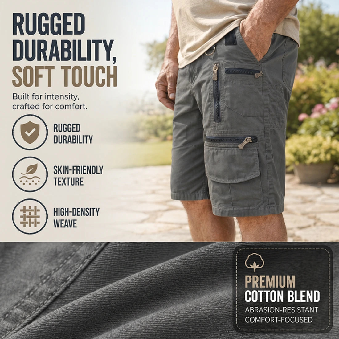Fabric texture and durability details of gray outdoor shorts