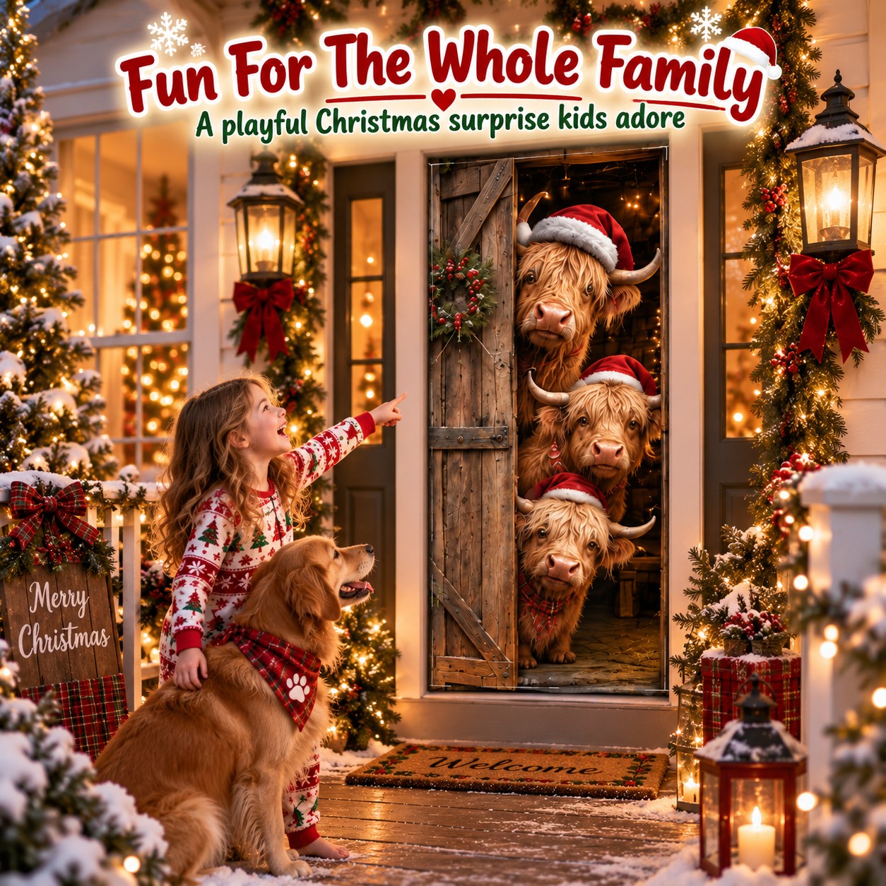 Family enjoying the Peekaboo Christmas Door Curtain