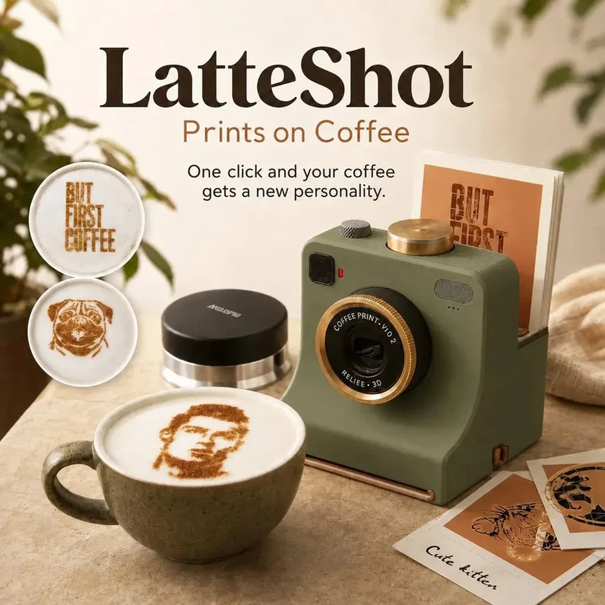 Retro coffee art camera printing design on coffee