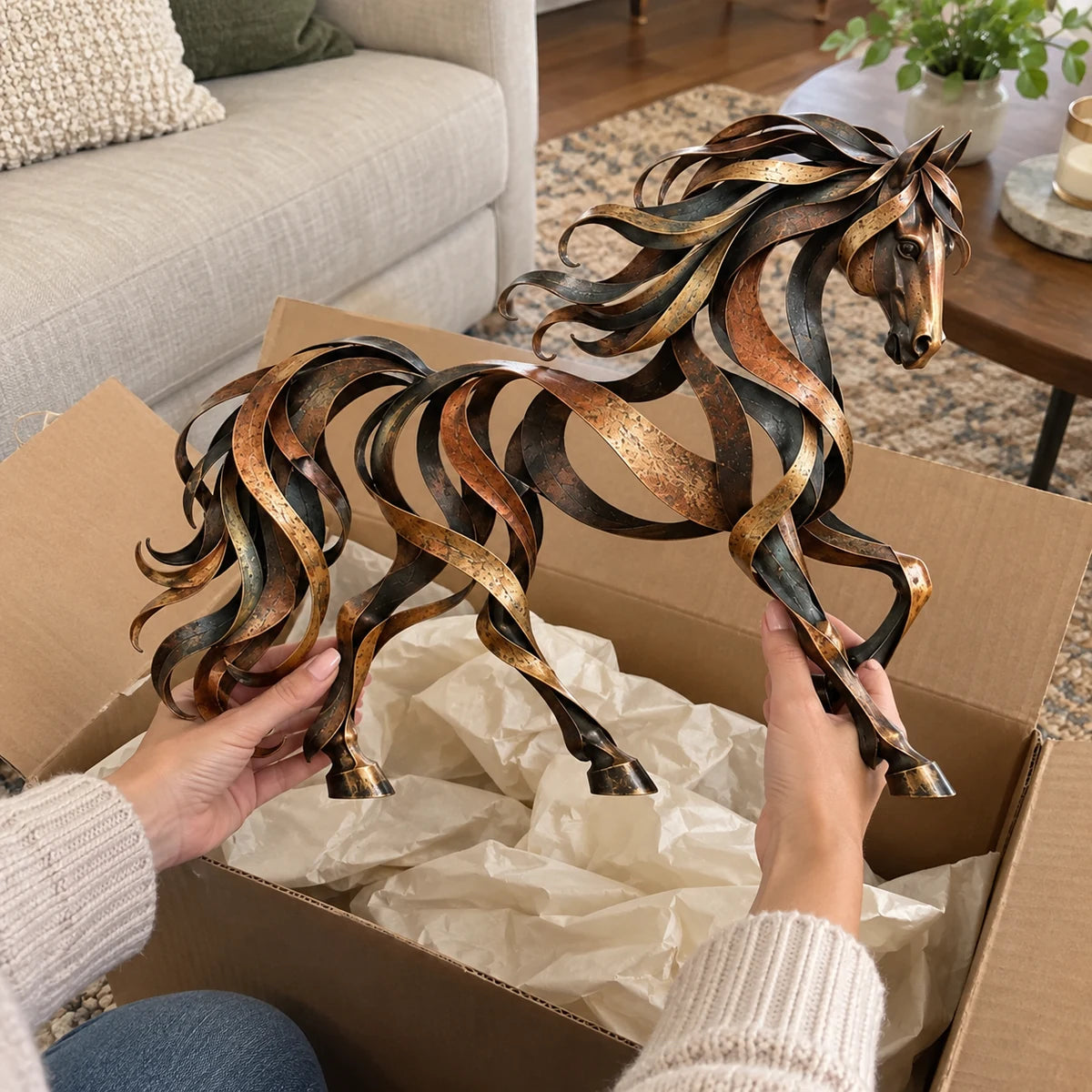 Highland cow ribbon sculpture displayed on a rustic tabletop