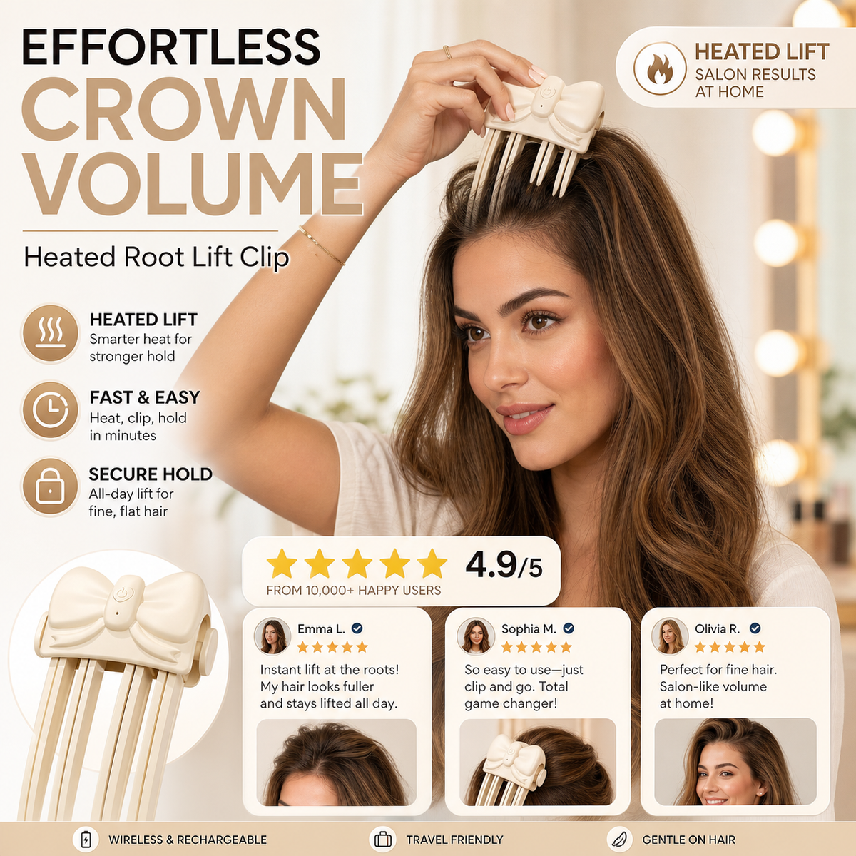 Wireless heated root lift clip creating crown volume