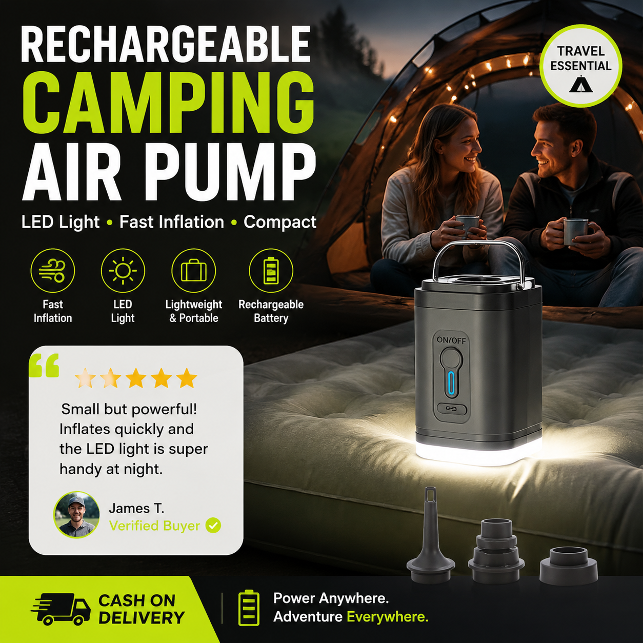 ⚡🔋 Portable Rechargeable Air Pump – LED Light, Fast Inflation, Compact – Cash on Delivery 🔋