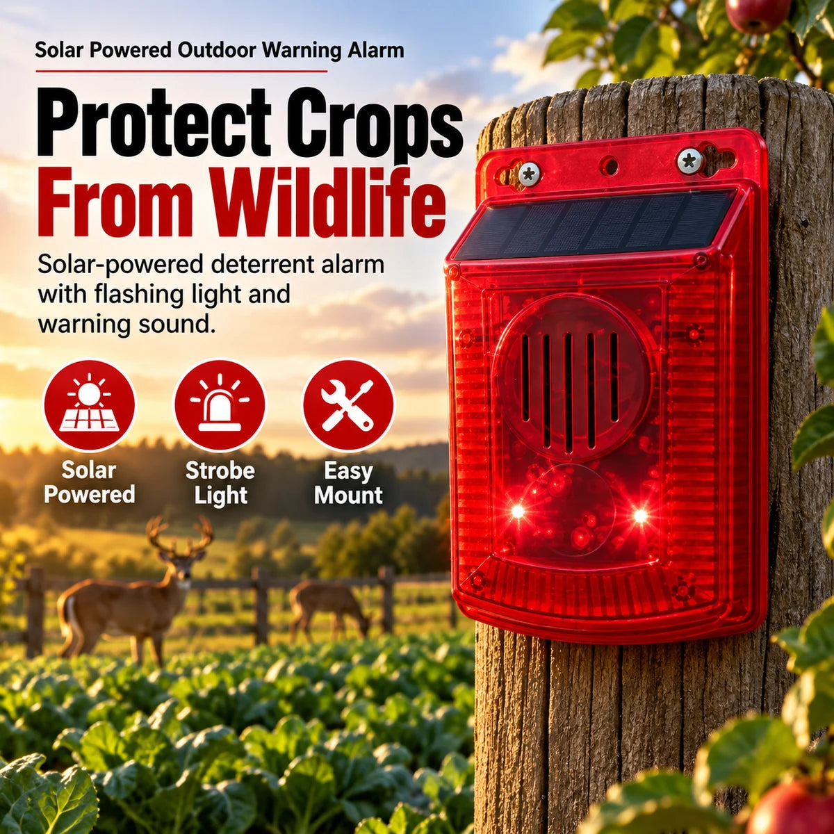 Solar powered outdoor warning alarm mounted near crops