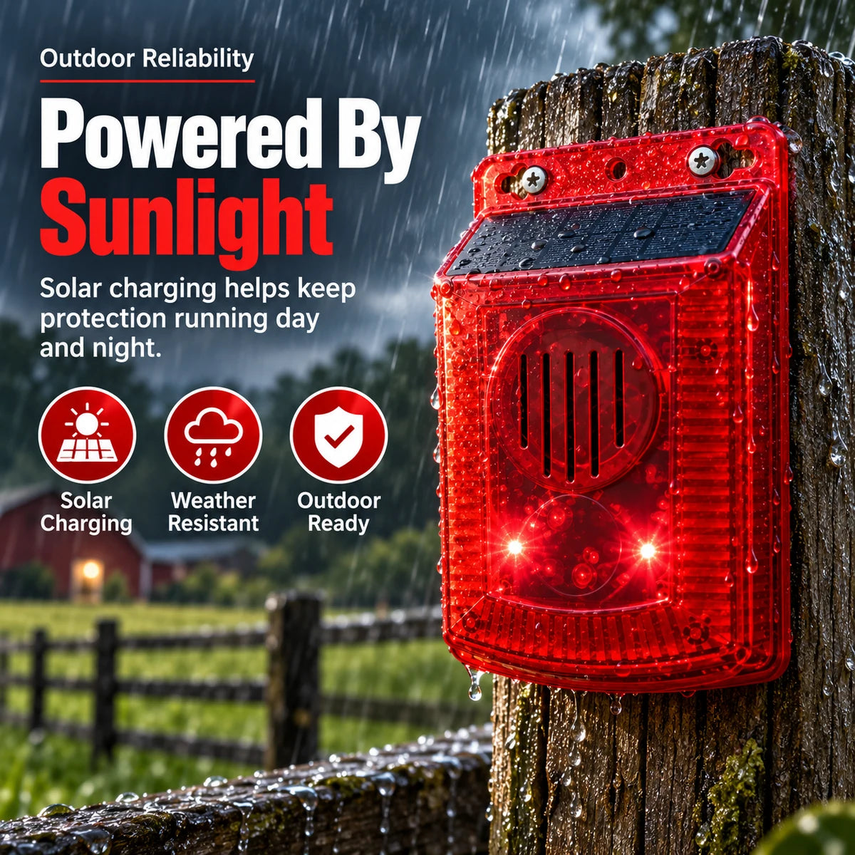 Solar powered alarm outdoors in wet weather