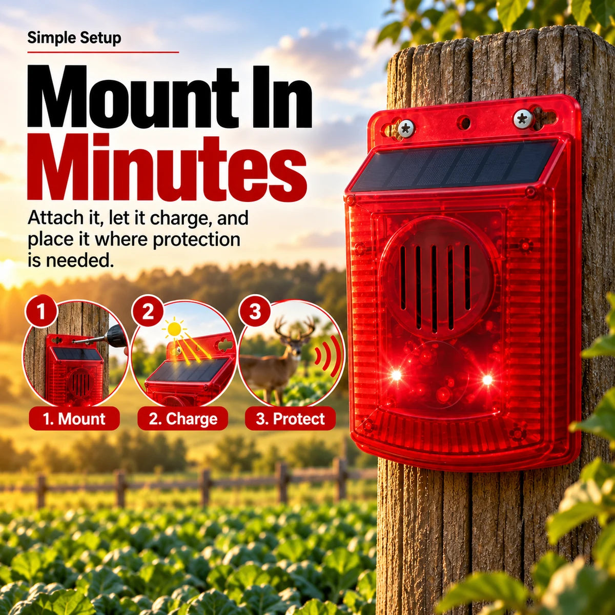 Simple mounting and solar charging setup for outdoor warning alarm