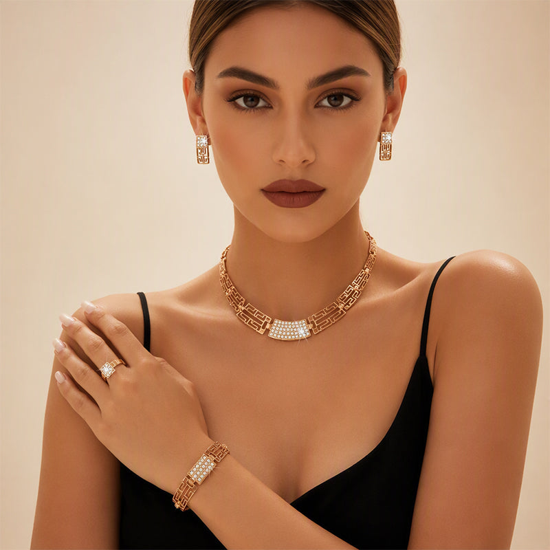 💎 Rhinestone Jewelry 4-Piece Set – Necklace, Earrings, Bracelet & Ring – Complete Your Look! ✨