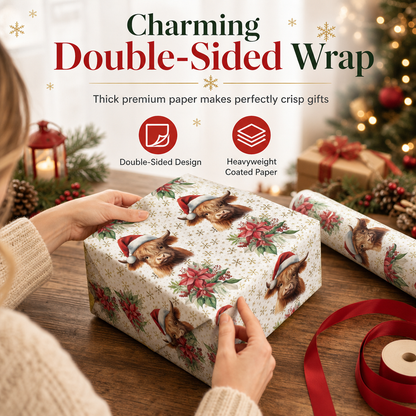 🎄🐮 Highland Cow Christmas Gift Wrap – 5M Festive Floral Wrapping Roll for Beautiful Holiday Presents