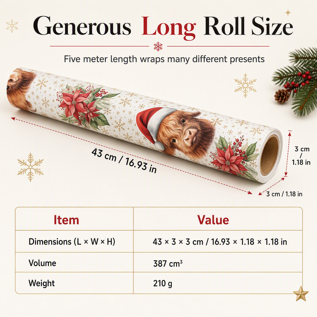 🎄🐮 Highland Cow Christmas Gift Wrap – 5M Festive Floral Wrapping Roll for Beautiful Holiday Presents