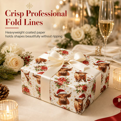 🎄🐮 Highland Cow Christmas Gift Wrap – 5M Festive Floral Wrapping Roll for Beautiful Holiday Presents