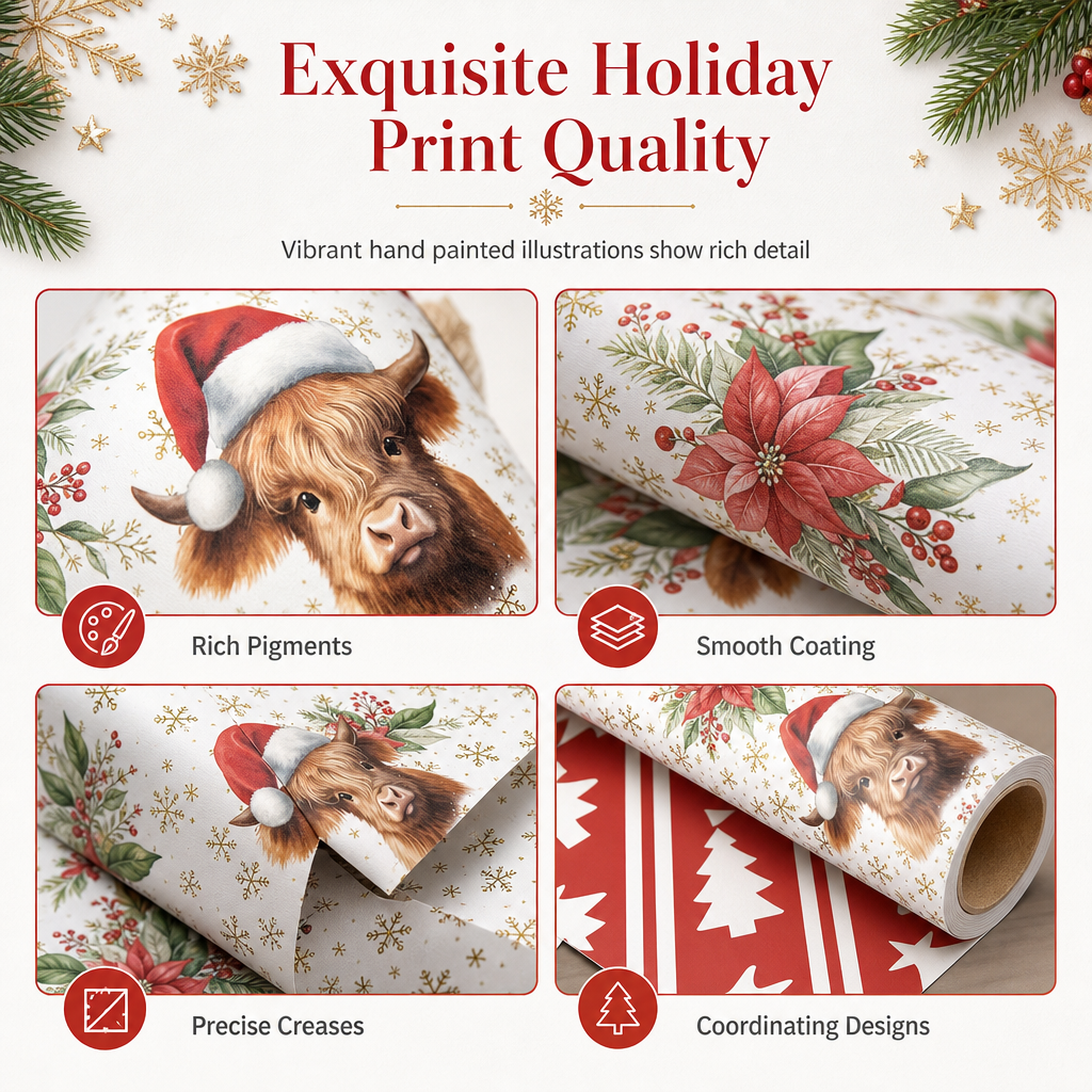 🎄🐮 Highland Cow Christmas Gift Wrap – 5M Festive Floral Wrapping Roll for Beautiful Holiday Presents
