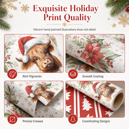 🎄🐮 Highland Cow Christmas Gift Wrap – 5M Festive Floral Wrapping Roll for Beautiful Holiday Presents