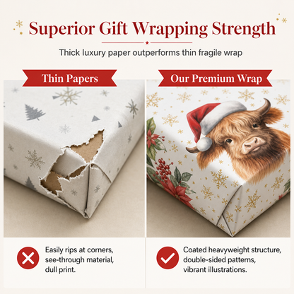 🎄🐮 Highland Cow Christmas Gift Wrap – 5M Festive Floral Wrapping Roll for Beautiful Holiday Presents